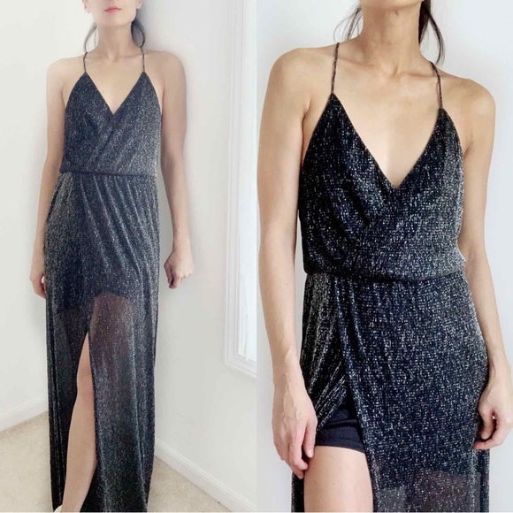 BLACK SHEER GLITTER HIGH CUT MAXI DRESS - Picture 2 of 16